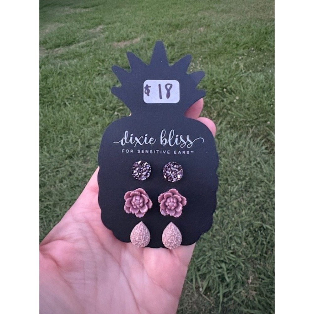Dixie Bliss Stud Earrings‎ Trio Set For Sensitive Ears Flower Teardrop